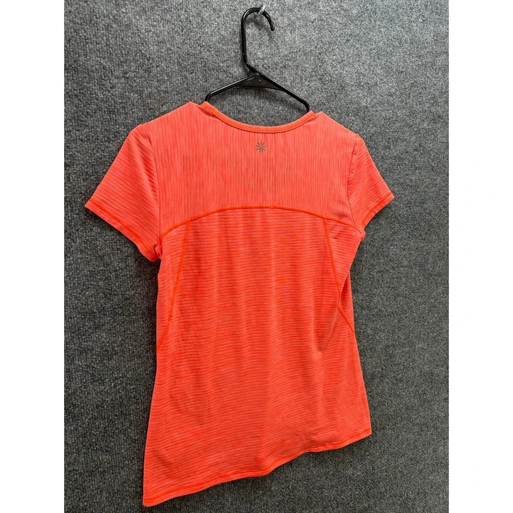 Athleta Womens Neon Coral Orange Ribbed Asymmetrical Hem Short Sleeve Tee Top, S - Picture 6 of 9
